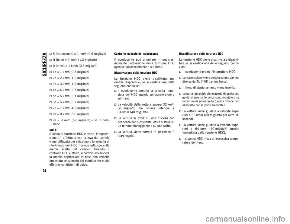 JEEP WRANGLER 2DOORS 2021 Libretto Uso Manutenzione (in Italian) SICUREZZA
98
R (retromarcia) = 1 km/h (0,6 miglia/h)
N (folle) = 2 km/h (1,2 miglia/h)
D (drive) = 1 km/h (0,6 miglia/h)
1a = 1 km/h (0,6 miglia/h)
2a = 2 km/h (1,2 miglia/h)
3a = 3 JEEP WRANGLER 2DOORS 2021 Libretto Uso Manutenzione (in Italian) SICUREZZA
98
R (retromarcia) = 1 km/h (0,6 miglia/h)
N (folle) = 2 km/h (1,2 miglia/h)
D (drive) = 1 km/h (0,6 miglia/h)
1a = 1 km/h (0,6 miglia/h)
2a = 2 km/h (1,2 miglia/h)
3a = 3