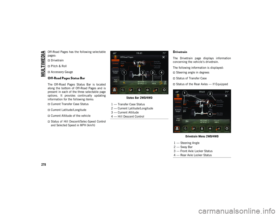JEEP WRANGLER 2DOORS 2020  Owner handbook (in English) MULTIMEDIA
278
Off-Road  Pages has the  following selectable
pages:
Drivetrain
Pitch & Roll
Accessory Gauge
Off-Road Pages Status Bar 
The  Off-Road  Pages  Status  Bar  is  located
along  th