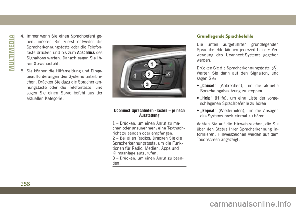 JEEP WRANGLER 2DOORS 2019 Betriebsanleitung (in German) 4. Immer wenn Sie einen Sprachbefehl ge-
ben, müssen Sie zuerst entweder die
Spracherkennungstaste oder die Telefon-
taste drücken und bis zumAbschlussdes
Signaltons warten. Danach sagen Sie Ih-
ren JEEP WRANGLER 2DOORS 2019 Betriebsanleitung (in German) 4. Immer wenn Sie einen Sprachbefehl ge-
ben, müssen Sie zuerst entweder die
Spracherkennungstaste oder die Telefon-
taste drücken und bis zumAbschlussdes
Signaltons warten. Danach sagen Sie Ih-
ren