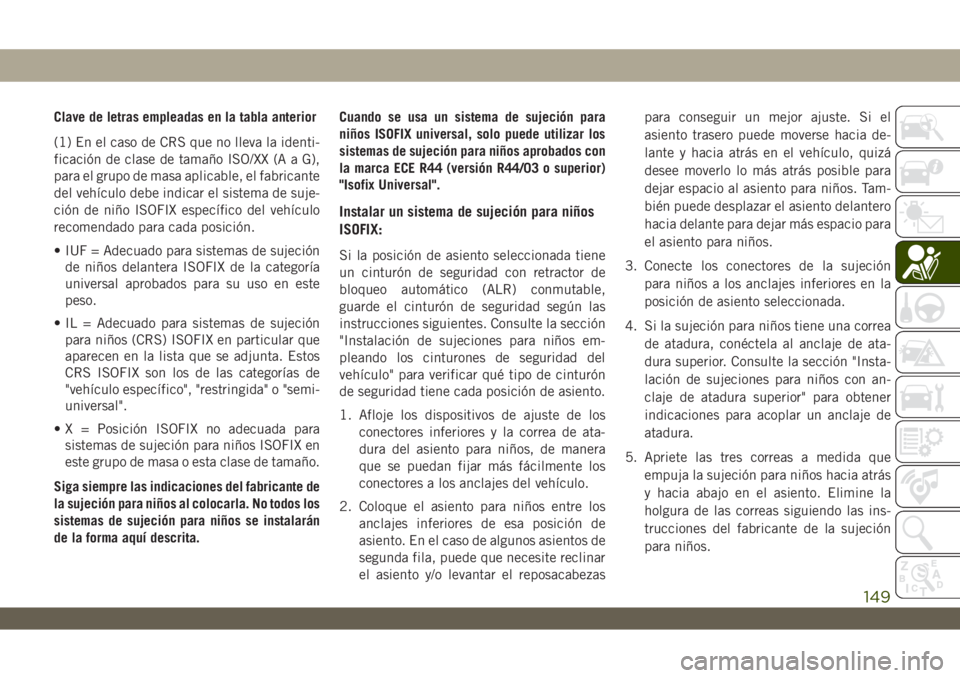 JEEP WRANGLER 2DOORS 2018 Manual de Empleo y Cuidado (in Spanish) Clave de letras empleadas en la tabla anterior
(1) En el caso de CRS que no lleva la identi-
ficación de clase de tamaño ISO/XX (A a G),
para el grupo de masa aplicable, el fabricante
del vehículo JEEP WRANGLER 2DOORS 2018 Manual de Empleo y Cuidado (in Spanish) Clave de letras empleadas en la tabla anterior
(1) En el caso de CRS que no lleva la identi-
ficación de clase de tamaño ISO/XX (A a G),
para el grupo de masa aplicable, el fabricante
del vehículo