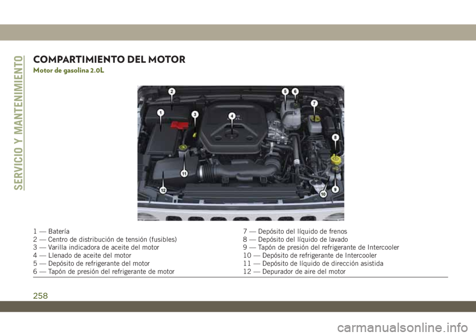 JEEP WRANGLER 2DOORS 2018  Manual de Empleo y Cuidado (in Spanish) COMPARTIMIENTO DEL MOTOR
Motor de gasolina 2.0L
1 — Batería 7 — Depósito del líquido de frenos
2 — Centro de distribución de tensión (fusibles) 8 — Depósito del líquido de lavado
3 — 