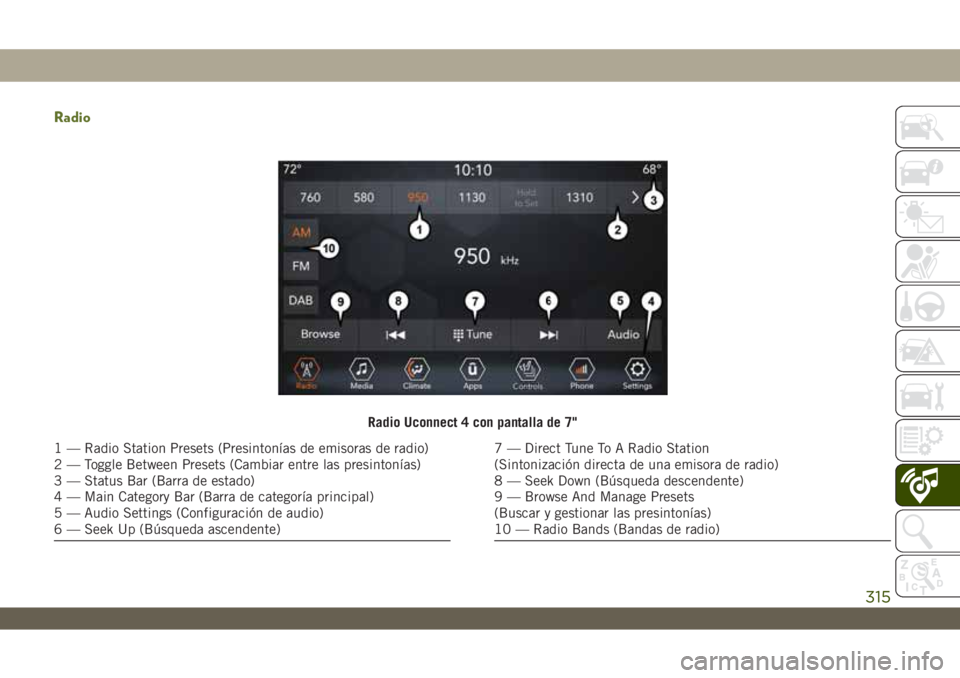 JEEP WRANGLER 2DOORS 2018  Manual de Empleo y Cuidado (in Spanish) Radio
Radio Uconnect 4 con pantalla de 7"
1 — Radio Station Presets (Presintonías de emisoras de radio)
2 — Toggle Between Presets (Cambiar entre las presintonías)
3 — Status Bar (Barra de
