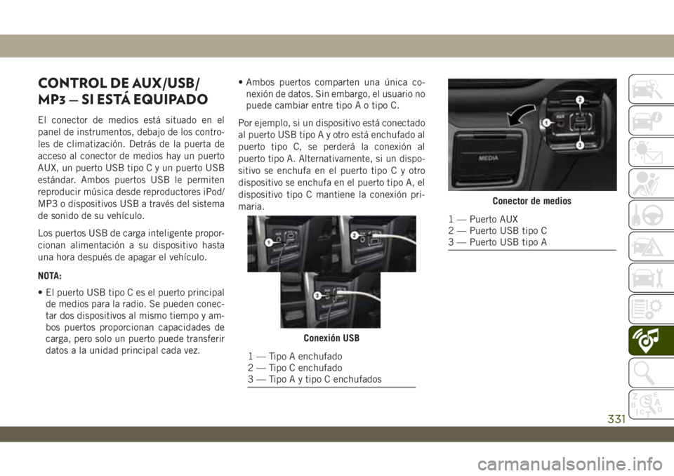 JEEP WRANGLER 2DOORS 2018 Manual de Empleo y Cuidado (in Spanish) CONTROL DE AUX/USB/
MP3 — SI ESTÁ EQUIPADO
El conector de medios está situado en el
panel de instrumentos, debajo de los contro-
les de climatización. Detrás de la puerta de
acceso al conector d JEEP WRANGLER 2DOORS 2018 Manual de Empleo y Cuidado (in Spanish) CONTROL DE AUX/USB/
MP3 — SI ESTÁ EQUIPADO
El conector de medios está situado en el
panel de instrumentos, debajo de los contro-
les de climatización. Detrás de la puerta de
acceso al conector d