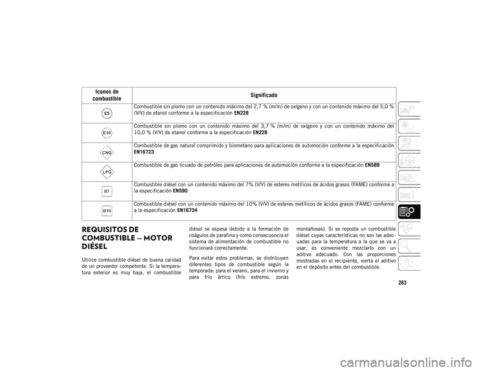 JEEP WRANGLER 2DOORS 2020 Manual de Empleo y Cuidado (in Spanish) 283
REQUISITOS DE
COMBUSTIBLE — MOTOR
DIÉSEL
Utilice combustible diésel de buena calidad
de un proveedor competente. Si la tempera-
tura exterior es muy baja, el combustible diésel se e JEEP WRANGLER 2DOORS 2020 Manual de Empleo y Cuidado (in Spanish) 283
REQUISITOS DE
COMBUSTIBLE — MOTOR
DIÉSEL
Utilice combustible diésel de buena calidad
de un proveedor competente. Si la tempera-
tura exterior es muy baja, el combustible diésel se e
