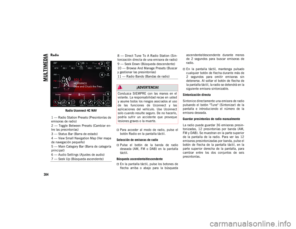 JEEP WRANGLER 2DOORS 2020 Manual de Empleo y Cuidado (in Spanish) MULTIMEDIA
304
Radio
Radio Uconnect 4C NAV
Para acceder al modo de radio, pulse el
botón Radio en la pantalla táctil.
Selección de emisoras de radio
Pulse el botón de la banda JEEP WRANGLER 2DOORS 2020 Manual de Empleo y Cuidado (in Spanish) MULTIMEDIA
304
Radio
Radio Uconnect 4C NAV
Para acceder al modo de radio, pulse el
botón Radio en la pantalla táctil.
Selección de emisoras de radio
Pulse el botón de la banda