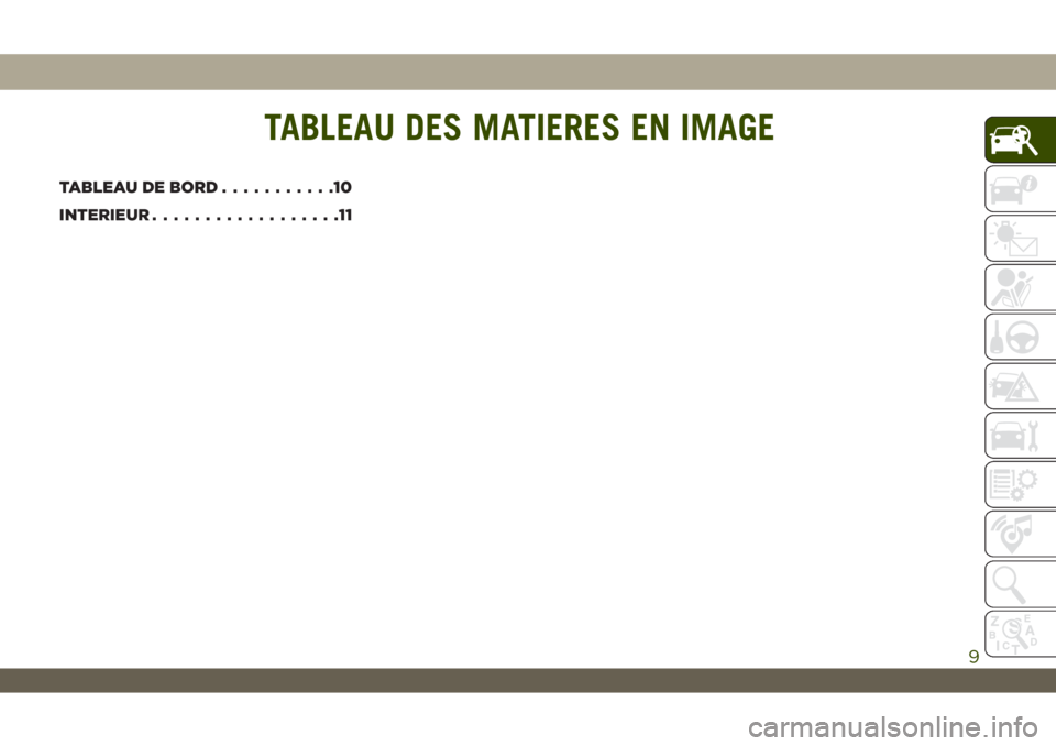 JEEP WRANGLER 2DOORS 2019  Notice dentretien (in French) TABLEAU DES MATIERES EN IMAGE
TABLEAU DE BORD...........10
INTERIEUR..................11
TABLEAU DES MATIERES EN IMAGE
9 