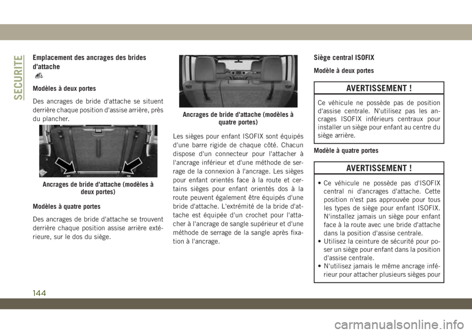 JEEP WRANGLER 2DOORS 2019 Notice dentretien (in French) Emplacement des ancrages des brides
d'attache
Modèles à deux portes
Des ancrages de bride d'attache se situent
derrière chaque position d'assise arrière, près
du plancher.
Modèles à JEEP WRANGLER 2DOORS 2019 Notice dentretien (in French) Emplacement des ancrages des brides
d'attache
Modèles à deux portes
Des ancrages de bride d'attache se situent
derrière chaque position d'assise arrière, près
du plancher.
Modèles à
