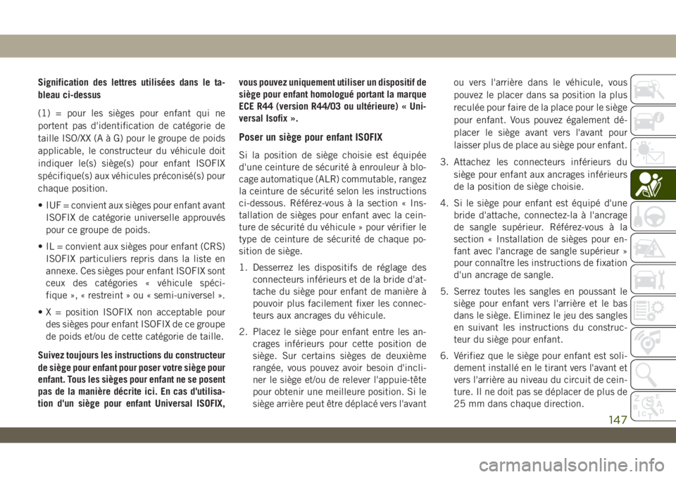 JEEP WRANGLER 2DOORS 2019 Notice dentretien (in French) Signification des lettres utilisées dans le ta-
bleau ci-dessus
(1) = pour les sièges pour enfant qui ne
portent pas d'identification de catégorie de
taille ISO/XX (A à G) pour le groupe de po JEEP WRANGLER 2DOORS 2019 Notice dentretien (in French) Signification des lettres utilisées dans le ta-
bleau ci-dessus
(1) = pour les sièges pour enfant qui ne
portent pas d'identification de catégorie de
taille ISO/XX (A à G) pour le groupe de po