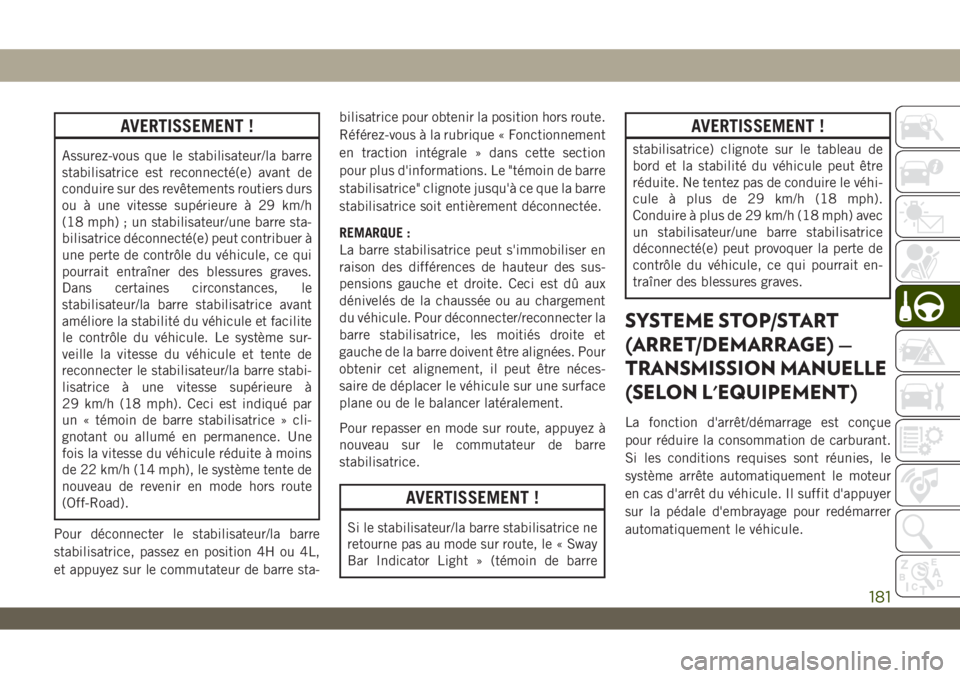 JEEP WRANGLER 2DOORS 2019 Notice dentretien (in French) AVERTISSEMENT !
Assurez-vous que le stabilisateur/la barre
stabilisatrice est reconnecté(e) avant de
conduire sur des revêtements routiers durs
ou à une vitesse supérieure à 29 km/h
(18 mph) ; un JEEP WRANGLER 2DOORS 2019 Notice dentretien (in French) AVERTISSEMENT !
Assurez-vous que le stabilisateur/la barre
stabilisatrice est reconnecté(e) avant de
conduire sur des revêtements routiers durs
ou à une vitesse supérieure à 29 km/h
(18 mph) ; un