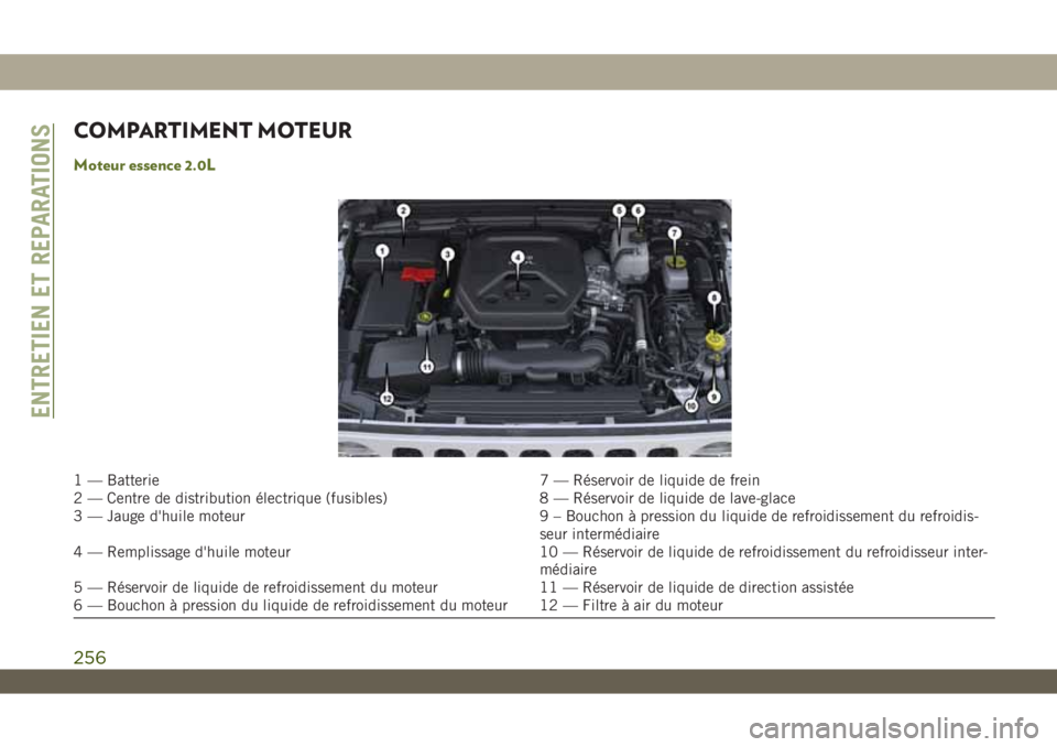 JEEP WRANGLER 2DOORS 2019  Notice dentretien (in French) COMPARTIMENT MOTEUR
Moteur essence 2.0L
1 — Batterie 7 — Réservoir de liquide de frein
2 — Centre de distribution électrique (fusibles) 8 — Réservoir de liquide de lave-glace
3 — Jauge d&