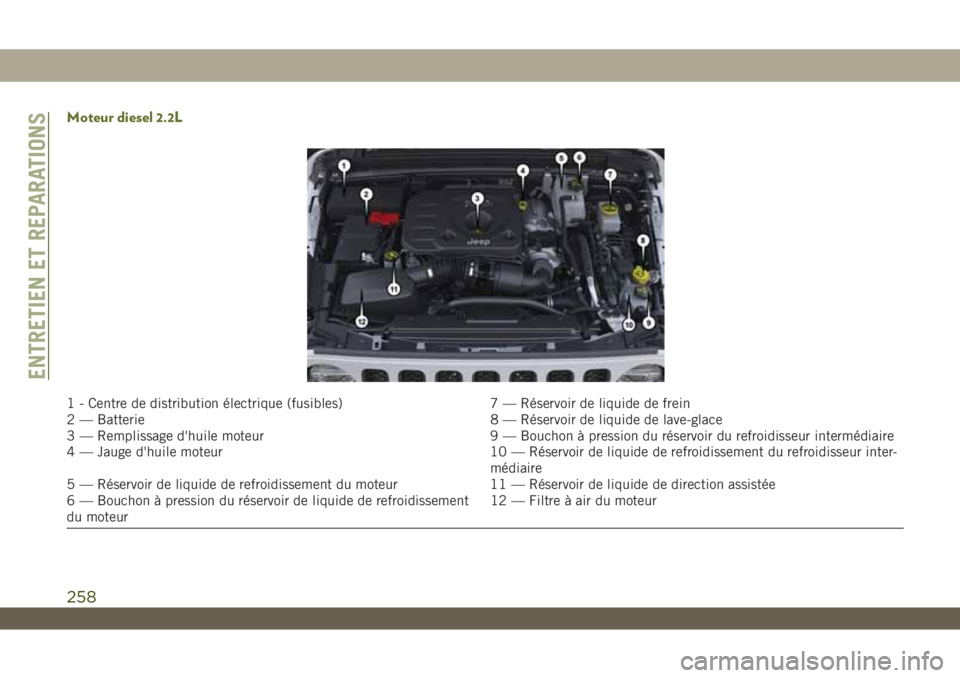 JEEP WRANGLER 2DOORS 2019  Notice dentretien (in French) Moteur diesel 2.2L
1 - Centre de distribution électrique (fusibles) 7 — Réservoir de liquide de frein
2 — Batterie 8 — Réservoir de liquide de lave-glace
3 — Remplissage d'huile moteur 