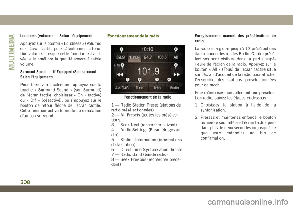 JEEP WRANGLER 2DOORS 2019 Notice dentretien (in French) Loudness (volume) — Selon l'équipement
Appuyez sur le bouton « Loudness » (Volume)
sur l'écran tactile pour sélectionner la fonc-
tion volume. Lorsque cette fonction est acti-
vée, ell JEEP WRANGLER 2DOORS 2019 Notice dentretien (in French) Loudness (volume) — Selon l'équipement
Appuyez sur le bouton « Loudness » (Volume)
sur l'écran tactile pour sélectionner la fonc-
tion volume. Lorsque cette fonction est acti-
vée, ell
