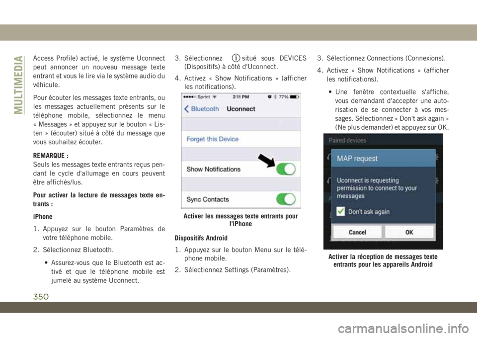 JEEP WRANGLER 2DOORS 2019 Notice dentretien (in French) Access Profile) activé, le système Uconnect
peut annoncer un nouveau message texte
entrant et vous le lire via le système audio du
véhicule.
Pour écouter les messages texte entrants, ou
les messa JEEP WRANGLER 2DOORS 2019 Notice dentretien (in French) Access Profile) activé, le système Uconnect
peut annoncer un nouveau message texte
entrant et vous le lire via le système audio du
véhicule.
Pour écouter les messages texte entrants, ou
les messa