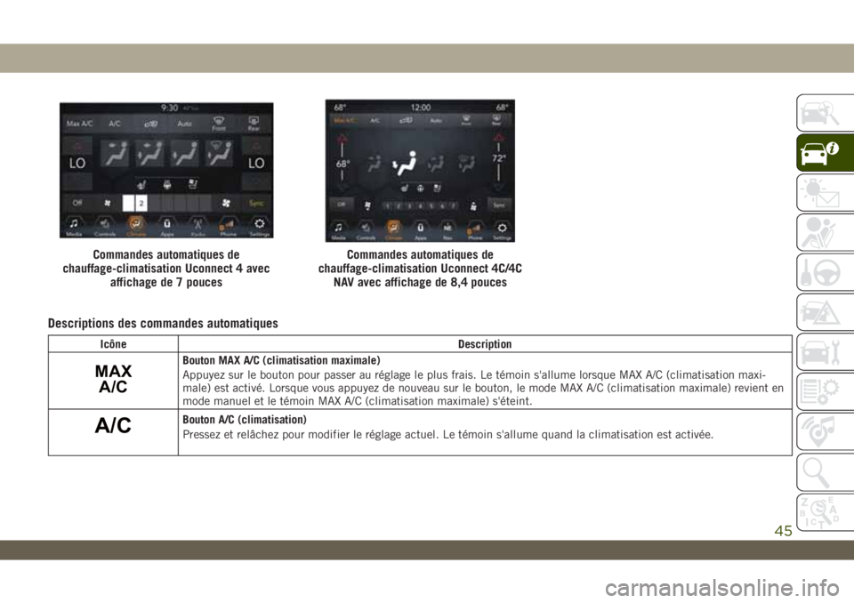 JEEP WRANGLER 2DOORS 2019  Notice dentretien (in French) Descriptions des commandes automatiques
Icône Description
MAX
A/CBouton MAX A/C (climatisation maximale)
Appuyez sur le bouton pour passer au réglage le plus frais. Le témoin s'allume lorsque M