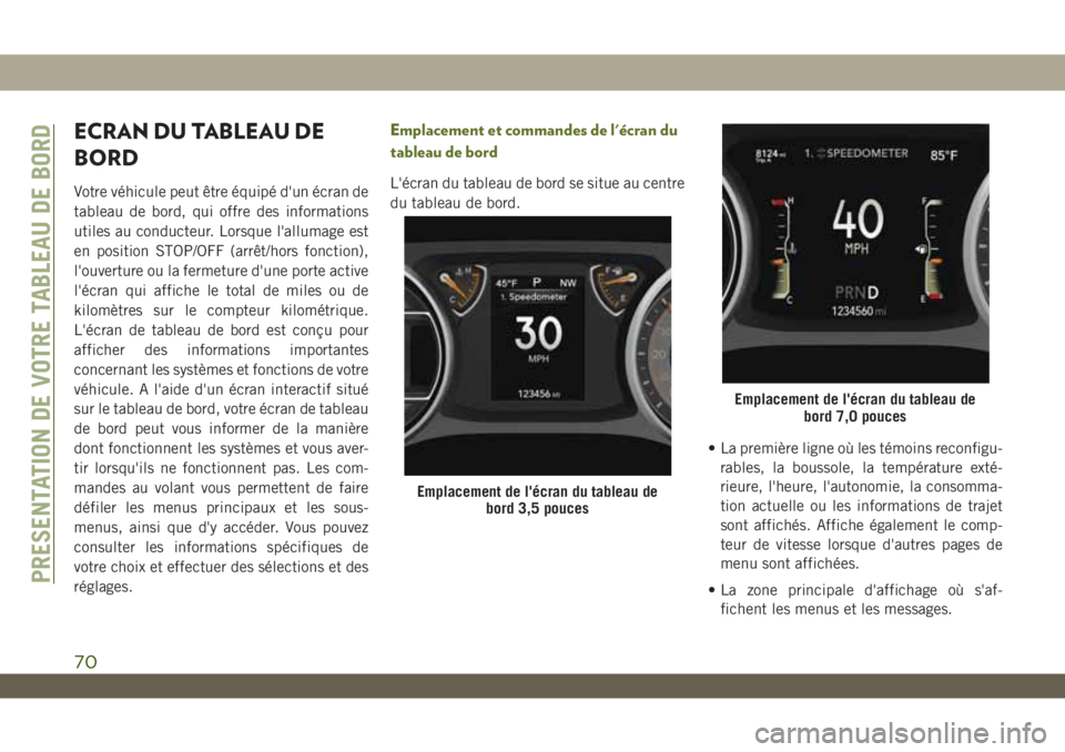 JEEP WRANGLER 2DOORS 2019 Notice dentretien (in French) ECRAN DU TABLEAU DE
BORD
Votre véhicule peut être équipé d'un écran de
tableau de bord, qui offre des informations
utiles au conducteur. Lorsque l'allumage est
en position STOP/OFF (arrê JEEP WRANGLER 2DOORS 2019 Notice dentretien (in French) ECRAN DU TABLEAU DE
BORD
Votre véhicule peut être équipé d'un écran de
tableau de bord, qui offre des informations
utiles au conducteur. Lorsque l'allumage est
en position STOP/OFF (arrê