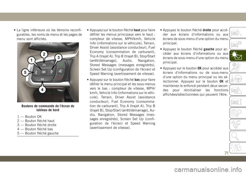 JEEP WRANGLER 2DOORS 2019 Notice dentretien (in French) • La ligne inférieure où les témoins reconfi-
gurables, les noms de menu et les pages de
menu sont affichés.• Appuyez sur le bouton fléchéhautpour faire
défiler les menus principaux vers le JEEP WRANGLER 2DOORS 2019 Notice dentretien (in French) • La ligne inférieure où les témoins reconfi-
gurables, les noms de menu et les pages de
menu sont affichés.• Appuyez sur le bouton fléchéhautpour faire
défiler les menus principaux vers le