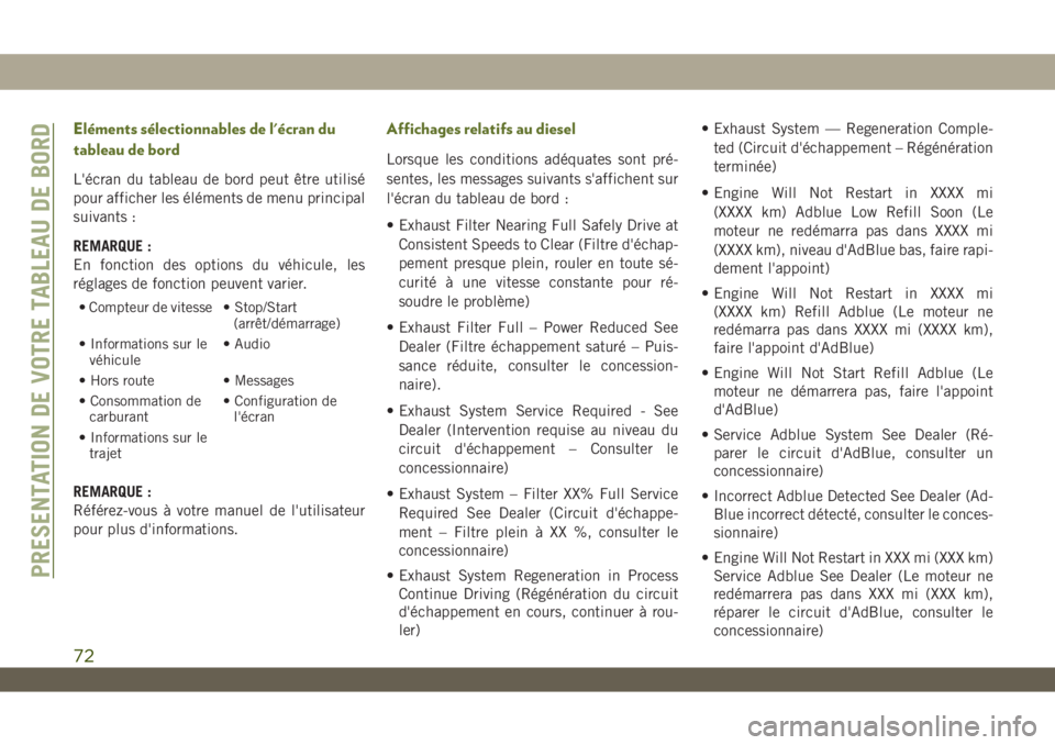 JEEP WRANGLER 2DOORS 2019 Notice dentretien (in French) Eléments sélectionnables de l'écran du
tableau de bord
L'écran du tableau de bord peut être utilisé
pour afficher les éléments de menu principal
suivants :
REMARQUE :
En fonction des o JEEP WRANGLER 2DOORS 2019 Notice dentretien (in French) Eléments sélectionnables de l'écran du
tableau de bord
L'écran du tableau de bord peut être utilisé
pour afficher les éléments de menu principal
suivants :
REMARQUE :
En fonction des o