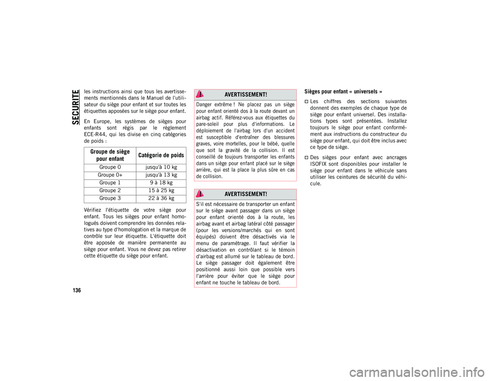 JEEP WRANGLER 2DOORS 2020  Notice dentretien (in French) SECURITE
136
les  instructions ainsi  que  tous les avertisse-
ments mentionnés dans le Manuel de l'utili -
sateur du siège pour enfant et sur toutes les
étiquettes apposées sur le siège pour