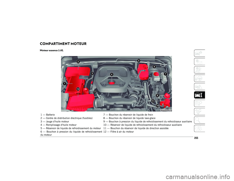 JEEP WRANGLER 2DOORS 2020  Notice dentretien (in French) 255
COMPARTIMENT MOTEUR  
Moteur essence 2.0L 
1 — Batterie7 — Bouchon du réservoir de liquide de frein
2 — Centre de distribution électrique (fusibles) 8 — Bouchon du réservoir de liquide 