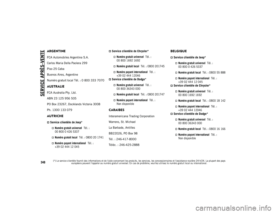 JEEP WRANGLER 2DOORS 2020  Notice dentretien (in French) SERVICE APRÈS-VENTE

(*) Le service clientèle fournit des informations et de l'aide concernant les produits, les services, les concessionnaires et l'assistance routière 24 h/24. La plupart 