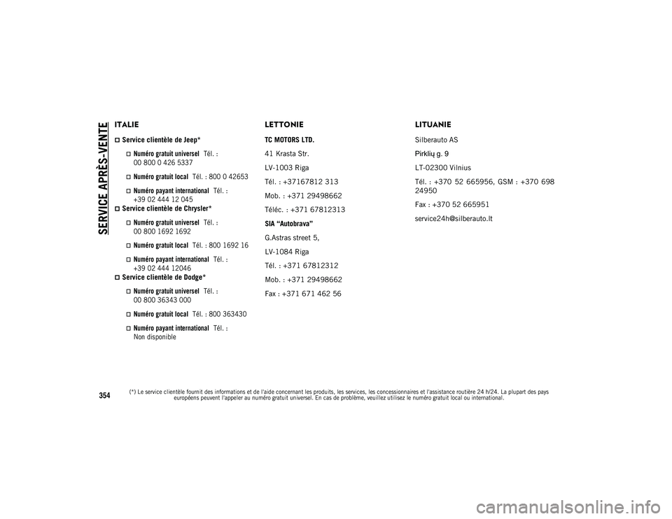 JEEP WRANGLER 2DOORS 2020 Notice dentretien (in French) SERVICE APRÈS-VENTE
(*) Le service clientèle fournit des informations et de l'aide concernant les produits, les services, les concessionnaires et l'assistance routière 24 h/24. La plupart JEEP WRANGLER 2DOORS 2020 Notice dentretien (in French) SERVICE APRÈS-VENTE
(*) Le service clientèle fournit des informations et de l'aide concernant les produits, les services, les concessionnaires et l'assistance routière 24 h/24. La plupart