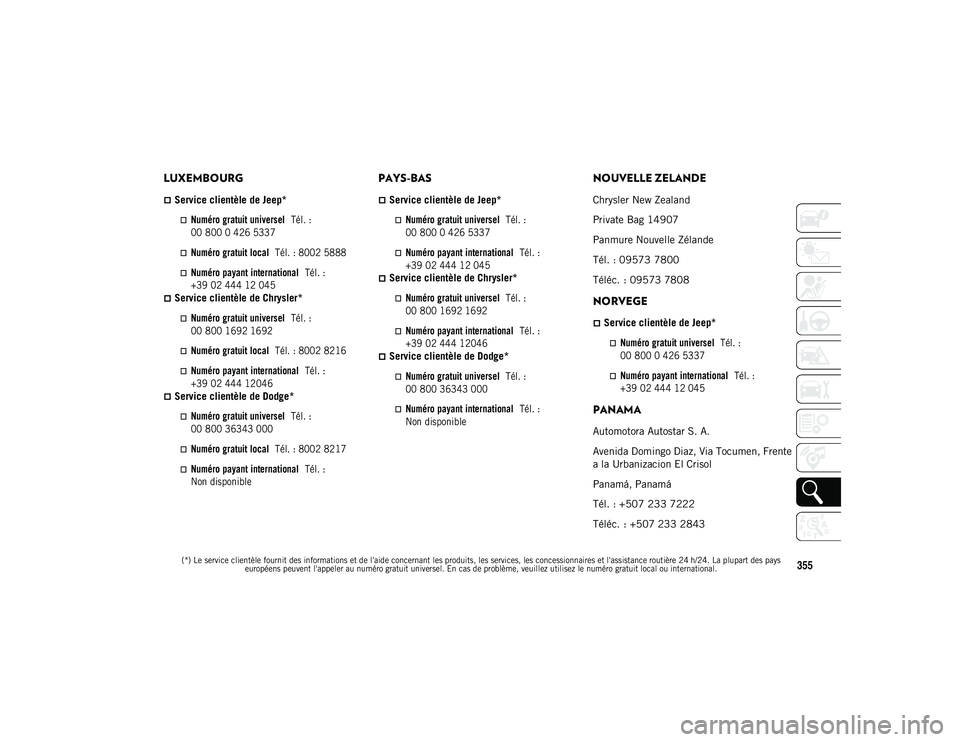 JEEP WRANGLER 2DOORS 2020 Notice dentretien (in French)
(*) Le service clientèle fournit des informations et de l'aide concernant les produits, les services, les concessionnaires et l'assistance routière 24 h/24. La plupart des pays européens p JEEP WRANGLER 2DOORS 2020 Notice dentretien (in French)
(*) Le service clientèle fournit des informations et de l'aide concernant les produits, les services, les concessionnaires et l'assistance routière 24 h/24. La plupart des pays européens p