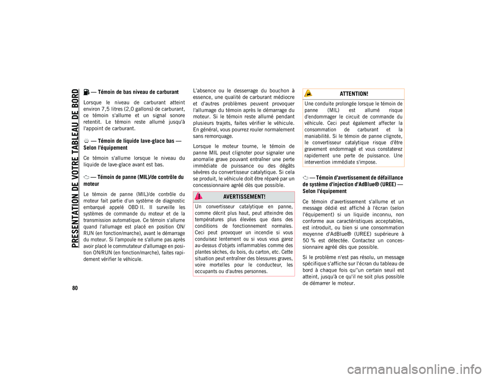 JEEP WRANGLER 2DOORS 2020 Notice dentretien (in French) PRESENTATION DE VOTRE TABLEAU DE BORD
80
— Témoin de bas niveau de carburant
Lorsque le niveau de carburant atteint
environ 7,5 litres (2,0 gallons) de carburant,
ce témoin s'allume e JEEP WRANGLER 2DOORS 2020 Notice dentretien (in French) PRESENTATION DE VOTRE TABLEAU DE BORD
80
— Témoin de bas niveau de carburant
Lorsque le niveau de carburant atteint
environ 7,5 litres (2,0 gallons) de carburant,
ce témoin s'allume e