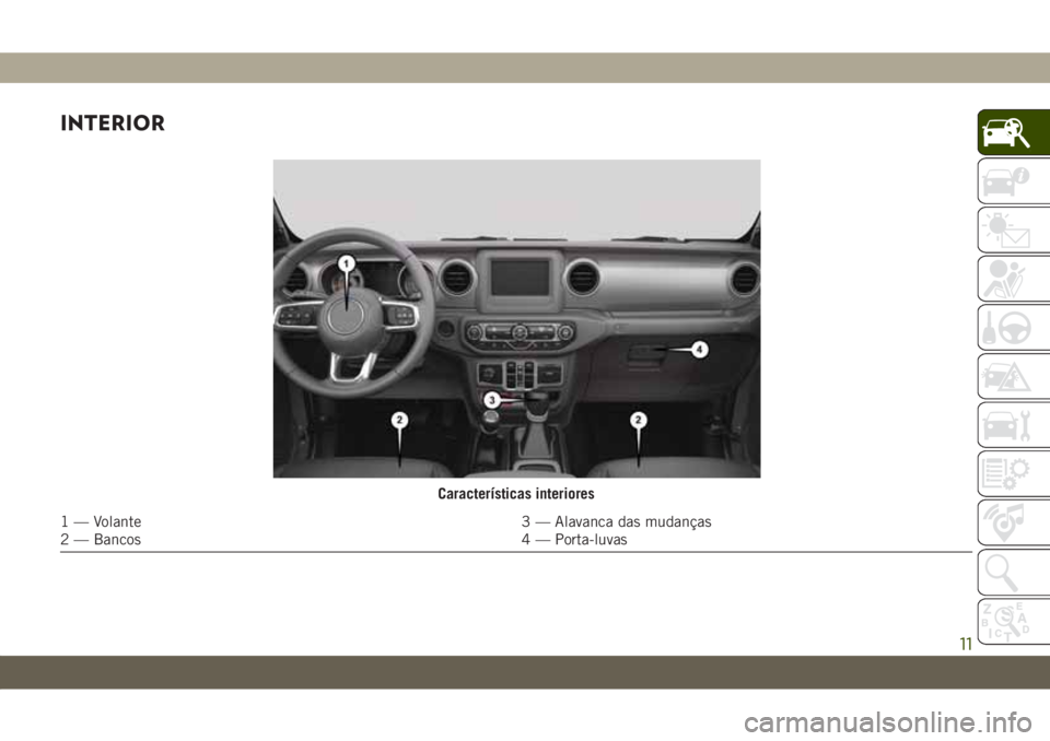JEEP WRANGLER 2DOORS 2018  Manual de Uso e Manutenção (in Portuguese) INTERIOR
Características interiores
1 — Volante 3 — Alavanca das mudanças
2 — Bancos 4 — Porta-luvas
11 