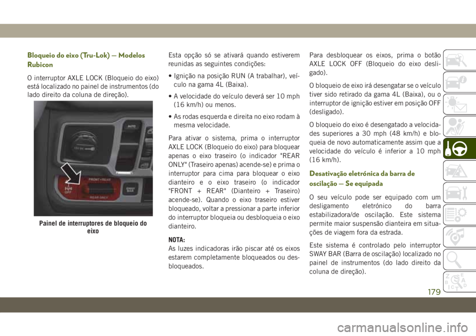 JEEP WRANGLER 2DOORS 2018 Manual de Uso e Manutenção (in Portuguese) Bloqueio do eixo (Tru-Lok) — Modelos
Rubicon
O interruptor AXLE LOCK (Bloqueio do eixo)
está localizado no painel de instrumentos (do
lado direito da coluna de direção).Esta opção só se ativar JEEP WRANGLER 2DOORS 2018 Manual de Uso e Manutenção (in Portuguese) Bloqueio do eixo (Tru-Lok) — Modelos
Rubicon
O interruptor AXLE LOCK (Bloqueio do eixo)
está localizado no painel de instrumentos (do
lado direito da coluna de direção).Esta opção só se ativar