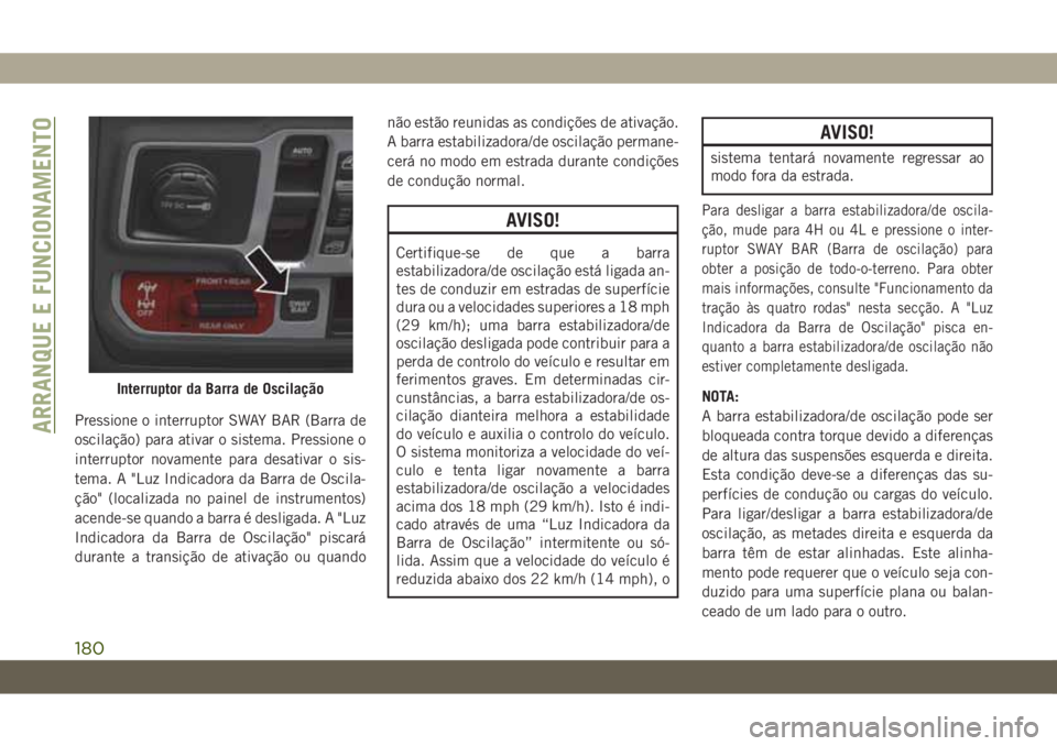 JEEP WRANGLER 2DOORS 2018 Manual de Uso e Manutenção (in Portuguese) Pressione o interruptor SWAY BAR (Barra de
oscilação) para ativar o sistema. Pressione o
interruptor novamente para desativar o sis-
tema. A "Luz Indicadora da Barra de Oscila-
ção" (local JEEP WRANGLER 2DOORS 2018 Manual de Uso e Manutenção (in Portuguese) Pressione o interruptor SWAY BAR (Barra de
oscilação) para ativar o sistema. Pressione o
interruptor novamente para desativar o sis-
tema. A "Luz Indicadora da Barra de Oscila-
ção" (local