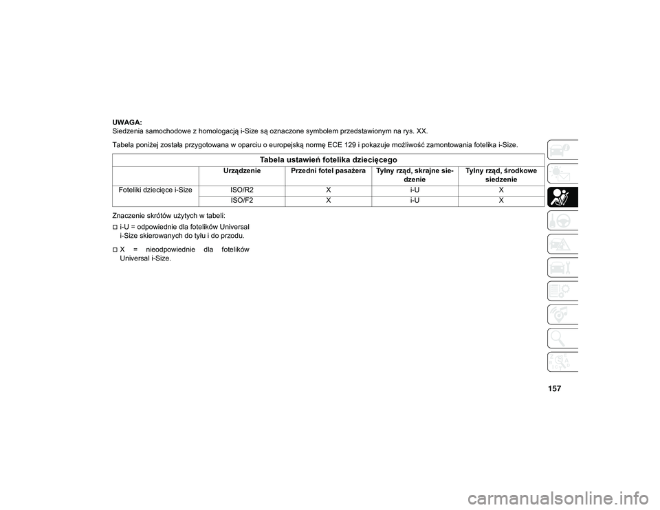 JEEP WRANGLER 2DOORS 2021  Instrukcja obsługi (in Polish) 157
UWAGA:
Siedzenia samochodowe z homologacją i-Size są oznaczone symbolem przedstawionym na rys. XX.
Tabela poniżej została przygotowana w oparciu o europejską normę ECE 129 i pokazuje możliw