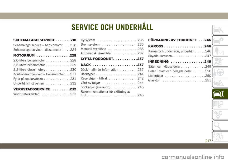 JEEP WRANGLER 2DOORS 2018 Drift- och underhållshandbok (in Swedish) SERVICE OCH UNDERHÅLL
SCHEMALAGD SERVICE.......218
Schemalagd service – bensinmotor . . .218
Schemalagd service – dieselmotor. . . .224
MOTORRUM...............228
2,0-liters bensinmotor.......... JEEP WRANGLER 2DOORS 2018 Drift- och underhållshandbok (in Swedish) SERVICE OCH UNDERHÅLL
SCHEMALAGD SERVICE.......218
Schemalagd service – bensinmotor . . .218
Schemalagd service – dieselmotor. . . .224
MOTORRUM...............228
2,0-liters bensinmotor..........