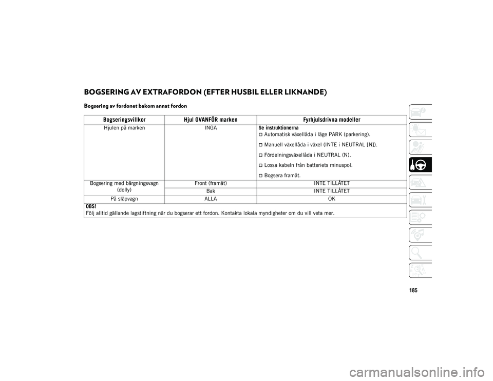 JEEP WRANGLER 2DOORS 2021  Drift- och underhållshandbok (in Swedish) 185
BOGSERING AV EXTRAFORDON (EFTER HUSBIL ELLER LIKNANDE) 
Bogsering av fordonet bakom annat fordon
BogseringsvillkorHjul OVANFÖR marken Fyrhjulsdrivna modeller
Hjulen på markenINGASe instruktioner