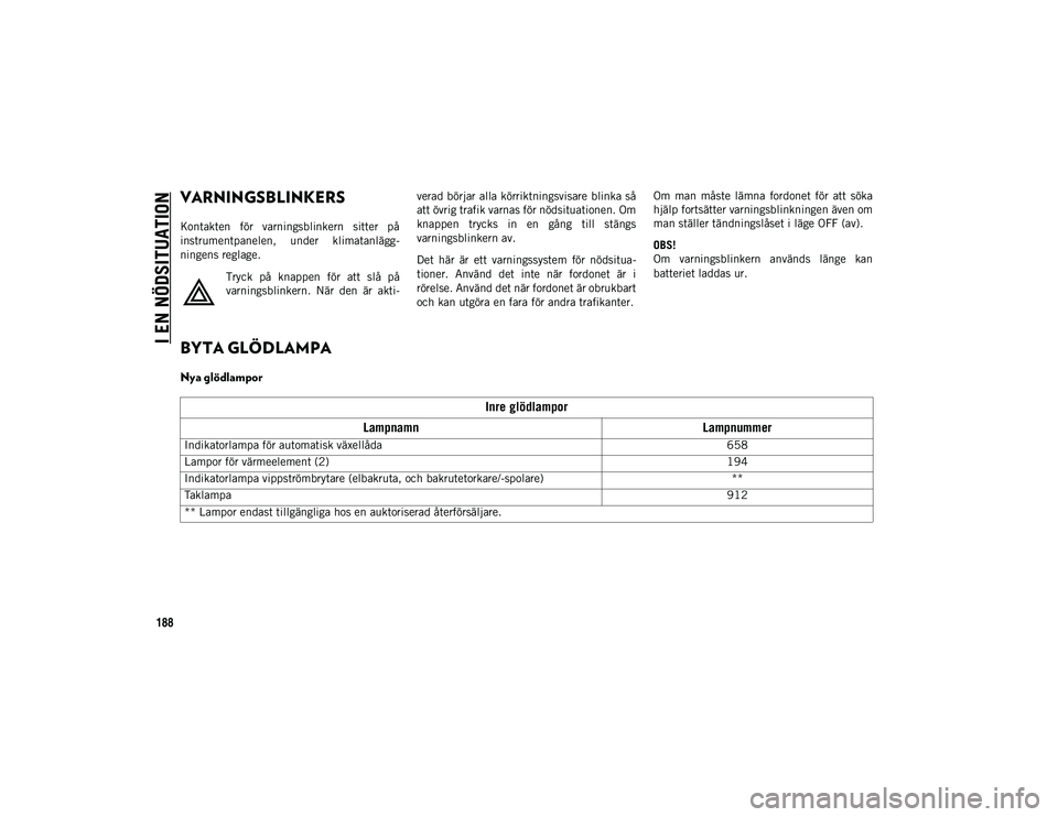 JEEP WRANGLER 2DOORS 2021 Drift- och underhållshandbok (in Swedish) 188
I EN NÖDSITUATION
VARNINGSBLINKERS
Kontakten för varningsblinkern sitter på
instrumentpanelen, under klimatanlägg-
ningens reglage.Tryck på knappen för att slå på
varningsblin JEEP WRANGLER 2DOORS 2021 Drift- och underhållshandbok (in Swedish) 188
I EN NÖDSITUATION
VARNINGSBLINKERS
Kontakten för varningsblinkern sitter på
instrumentpanelen, under klimatanlägg-
ningens reglage.Tryck på knappen för att slå på
varningsblin