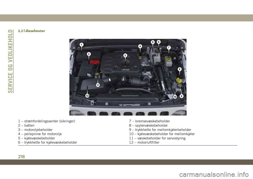 JEEP WRANGLER 2DOORS 2019  Drift- og vedlikeholdshåndbok (in Norwegian) 2,2 l dieselmotor
1 – strømfordelingssenter (sikringer) 7 – bremsevæskebeholder
2 – batteri 8 – spylervæskebeholder
3 – motoroljebeholder 9 – trykkhette for mellomkjølerbeholder
4 – 