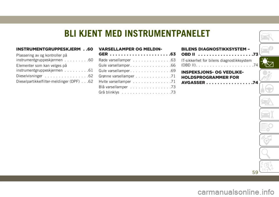 JEEP WRANGLER 2DOORS 2019  Drift- og vedlikeholdshåndbok (in Norwegian) BLI KJENT MED INSTRUMENTPANELET
INSTRUMENTGRUPPESKJERM . .60
Plassering av og kontroller på
instrumentgruppeskjermen.........60
Elementer som kan velges på
instrumentgruppeskjermen.........61
Diesel