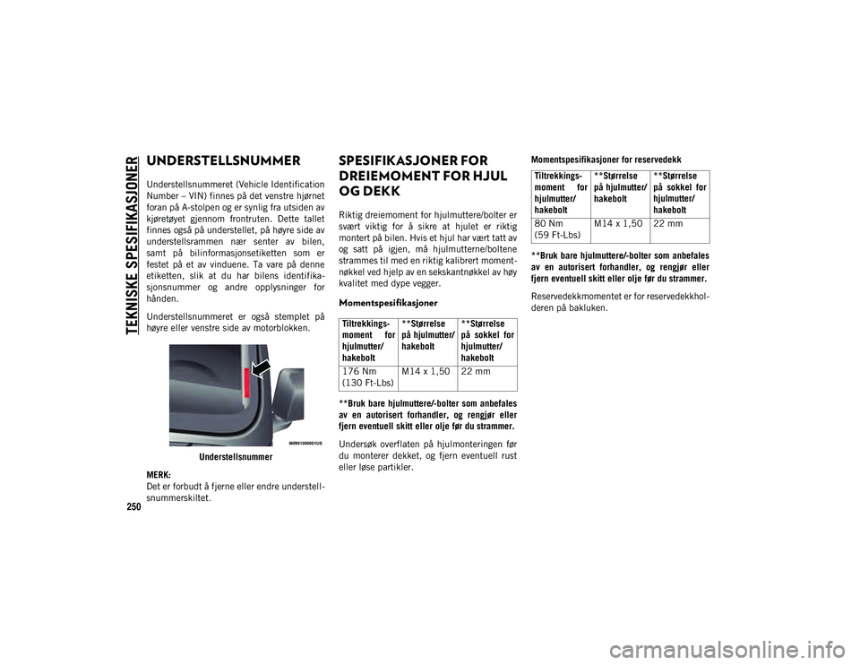 JEEP WRANGLER 2DOORS 2020 Drift- og vedlikeholdshåndbok (in Norwegian) 250
TEKNISKE SPESIFIKASJONER
UNDERSTELLSNUMMER
Understellsnummeret (Vehicle Identification
Number – VIN) finnes på det venstre hjørnet
foran på A-stolpen og er synlig fra utsiden av
kjøretøyet JEEP WRANGLER 2DOORS 2020 Drift- og vedlikeholdshåndbok (in Norwegian) 250
TEKNISKE SPESIFIKASJONER
UNDERSTELLSNUMMER
Understellsnummeret (Vehicle Identification
Number – VIN) finnes på det venstre hjørnet
foran på A-stolpen og er synlig fra utsiden av
kjøretøyet