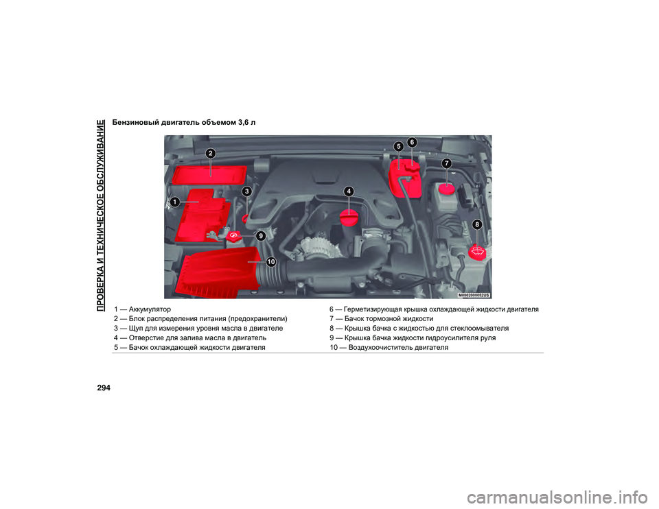 JEEP WRANGLER 2DOORS 2020  Руководство по эксплуатации и техобслуживанию (in Russian) 
ПРОВЕРКА И ТЕХНИЧЕСКОЕ ОБСЛУЖИВАНИЕ

294
Бензиновый двигатель объемом 3,6 л 
1 — Аккумулятор
6 — Герметизирующа