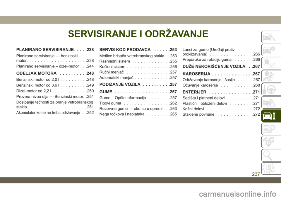 JEEP WRANGLER 2DOORS 2019 Knjižica za upotrebu i održavanje (in Serbian) SERVISIRANJE I ODRŽAVANJE
PLANIRANO SERVISIRANJE.....238
Planirano servisiranje — benzinski
motor......................238
Planirano servisiranje – dizel-motor . . .244
ODELJAK MOTORA..........24 JEEP WRANGLER 2DOORS 2019 Knjižica za upotrebu i održavanje (in Serbian) SERVISIRANJE I ODRŽAVANJE
PLANIRANO SERVISIRANJE.....238
Planirano servisiranje — benzinski
motor......................238
Planirano servisiranje – dizel-motor . . .244
ODELJAK MOTORA..........24