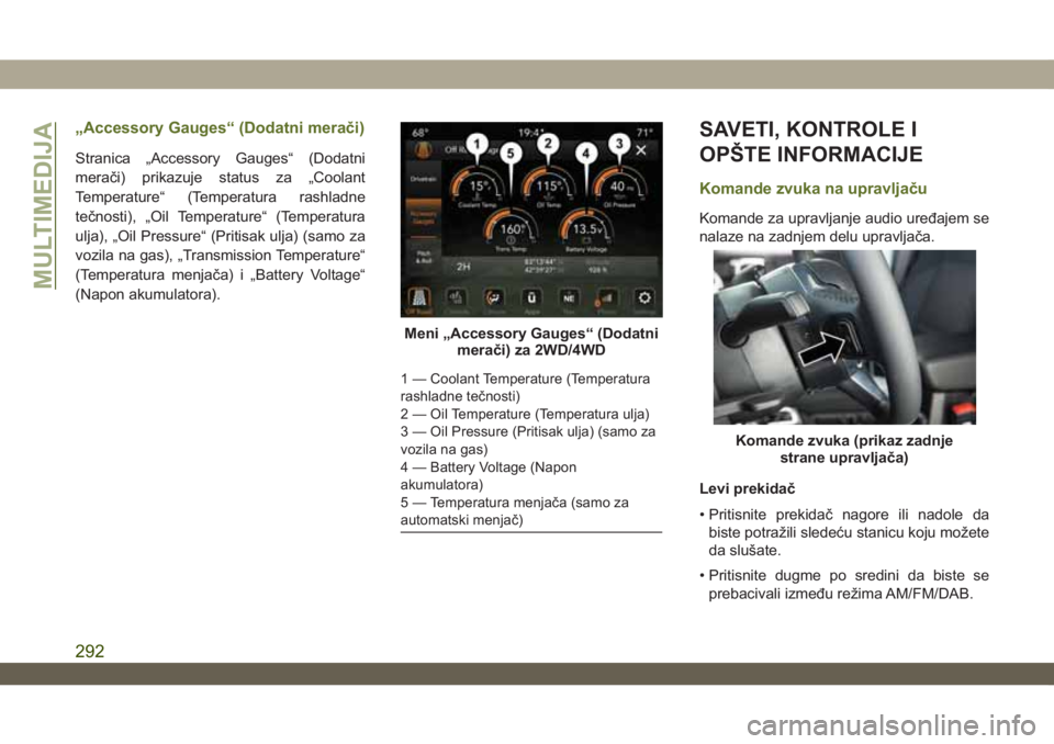 JEEP WRANGLER 2DOORS 2019 Knjižica za upotrebu i održavanje (in Serbian) „Accessory Gauges“ (Dodatni merači)
Stranica „Accessory Gauges“ (Dodatni
merači) prikazuje status za „Coolant
Temperature“ (Temperatura rashladne
tečnosti), „Oil Temperature“ (Tempe JEEP WRANGLER 2DOORS 2019 Knjižica za upotrebu i održavanje (in Serbian) „Accessory Gauges“ (Dodatni merači)
Stranica „Accessory Gauges“ (Dodatni
merači) prikazuje status za „Coolant
Temperature“ (Temperatura rashladne
tečnosti), „Oil Temperature“ (Tempe