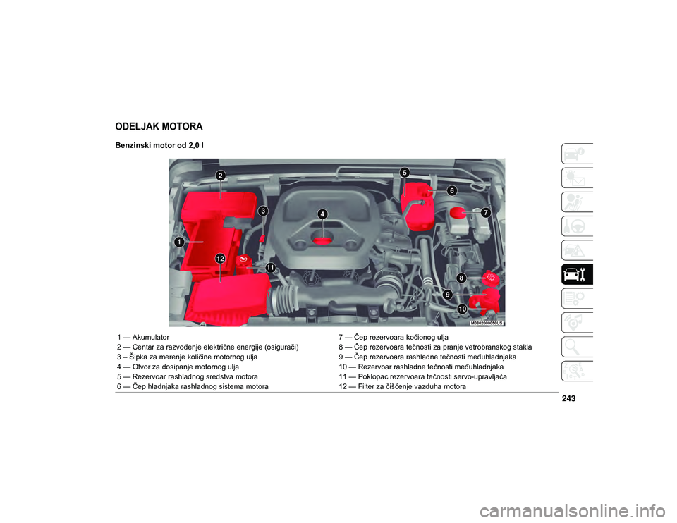 JEEP WRANGLER 2DOORS 2021  Knjižica za upotrebu i održavanje (in Serbian) 243

ODELJAK MOTORA  

Benzinski motor od 2,0 l 
1 — Akumulator7 — Čep rezervoara kočionog ulja
2 — Centar za razvođenje električne energije (osigurači) 8 — Čep rezervoara tečnosti za p