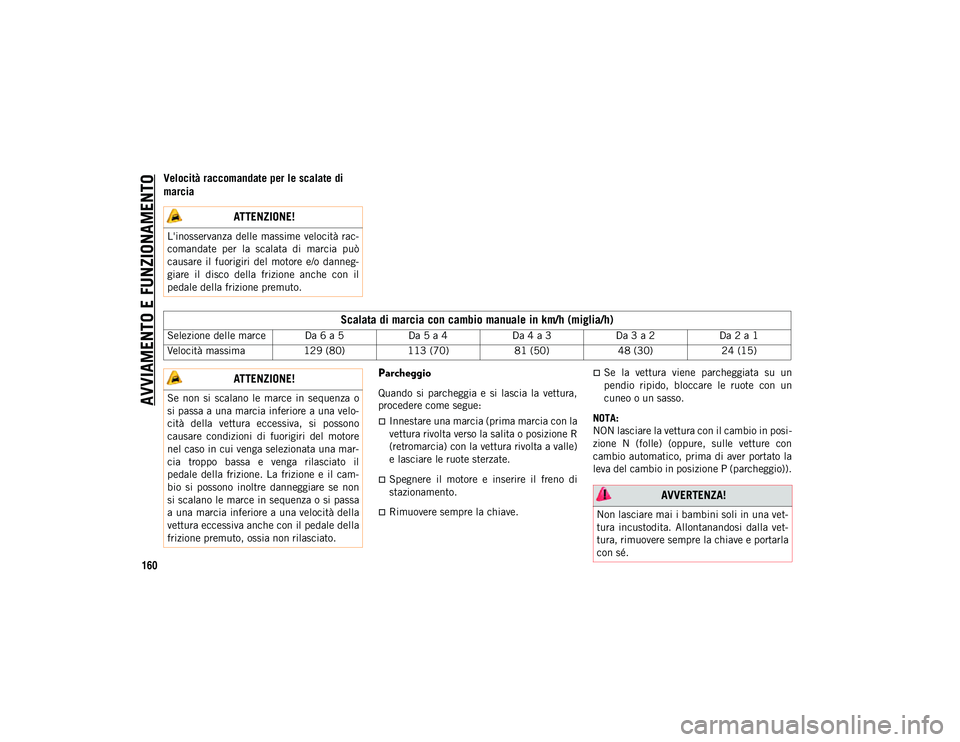 JEEP COMPASS 2020  Libretto Uso Manutenzione (in Italian) AVVIAMENTO E FUNZIONAMENTO
160
Velocità raccomandate per le scalate di 
marciaParcheggio
Quando  si  parcheggia  e  si  lascia  la  vettura,
procedere come segue:
Innestare una marcia (prima marci