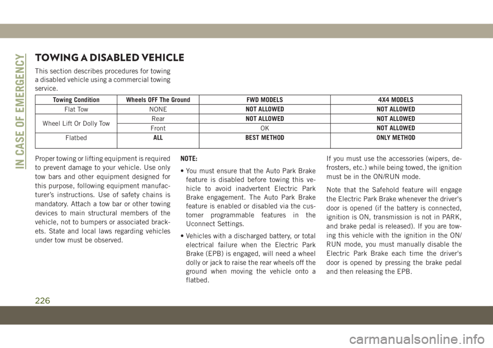 JEEP COMPASS 2019  Owner handbook (in English) TOWING A DISABLED VEHICLE
This section describes procedures for towing
a disabled vehicle using a commercial towing
service.
Towing Condition Wheels OFF The Ground FWD MODELS 4X4 MODELS
Flat Tow NONEN
