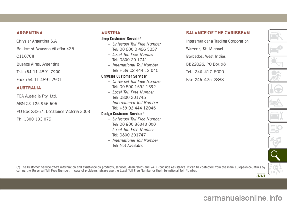 JEEP COMPASS 2019 Owner handbook (in English) ARGENTINA
Chrysler Argentina S.A
Boulevard Azucena Villaflor 435
C1107CII
Buenos Aires, Argentina
Tel: +54-11-4891 7900
Fax: +54-11-4891 7901
AUSTRALIA
FCA Australia Pty. Ltd.
ABN 23 125 956 505
PO Bo JEEP COMPASS 2019 Owner handbook (in English) ARGENTINA
Chrysler Argentina S.A
Boulevard Azucena Villaflor 435
C1107CII
Buenos Aires, Argentina
Tel: +54-11-4891 7900
Fax: +54-11-4891 7901
AUSTRALIA
FCA Australia Pty. Ltd.
ABN 23 125 956 505
PO Bo