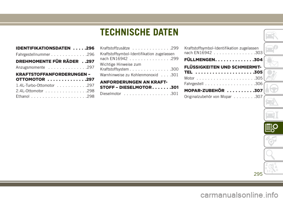 JEEP COMPASS 2018  Betriebsanleitung (in German) TECHNISCHE DATEN
IDENTIFIKATIONSDATEN.....296
Fahrgestellnummer.............296
DREHMOMENTE FÜR RÄDER . .297
Anzugsmomente..............297
KRAFTSTOFFANFORDERUNGEN –
OTTOMOTOR ..............297
1.
