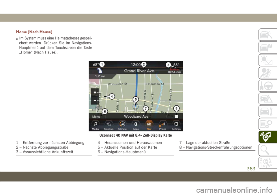 JEEP COMPASS 2019  Betriebsanleitung (in German) Home (Nach Hause)
•Im System muss eine Heimatadresse gespei-
chert werden. Drücken Sie im Navigations-
Hauptmenü auf dem Touchscreen die Taste
„Home“ (Nach Hause).
Uconnect 4C NAV mit 8,4- Zol