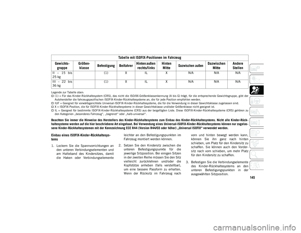 JEEP COMPASS 2020 Betriebsanleitung (in German) 145
Legende zur Tabelle oben:(1) = Für das Kinder-Rückhaltesystem (CRS), das nicht die ISO/XX-Größenklassenkennung (A bis G) trägt, für die entsprechende Gewichtsgruppe, gibt der
Autoherstell JEEP COMPASS 2020 Betriebsanleitung (in German) 145
Legende zur Tabelle oben:(1) = Für das Kinder-Rückhaltesystem (CRS), das nicht die ISO/XX-Größenklassenkennung (A bis G) trägt, für die entsprechende Gewichtsgruppe, gibt der
Autoherstell