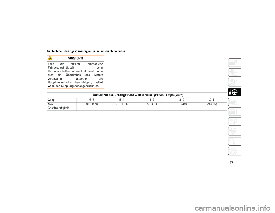 JEEP COMPASS 2020  Betriebsanleitung (in German) 165
Empfohlene Höchstgeschwindigkeiten beim Herunterschalten
 VORSICHT!
Falls  die  maximal  empfohlene
Fahrgeschwindigkeit beim
Herunterschalten  missachtet  wird,  kann
dies  ein  Überdrehen  des 