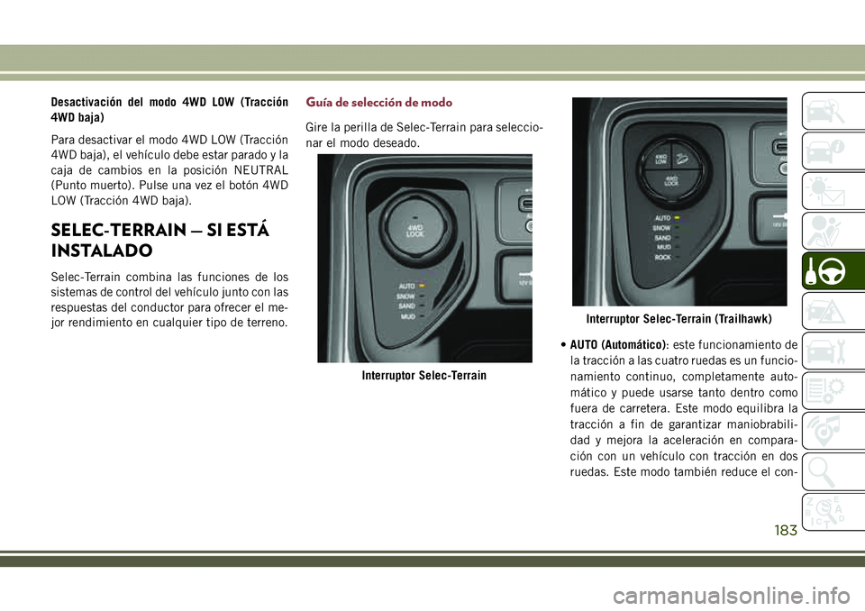 JEEP COMPASS 2018 Manual de Empleo y Cuidado (in Spanish) Desactivación del modo 4WD LOW (Tracción
4WD baja)
Para desactivar el modo 4WD LOW (Tracción
4WD baja), el vehículo debe estar parado y la
caja de cambios en la posición NEUTRAL
(Punto muerto). P JEEP COMPASS 2018 Manual de Empleo y Cuidado (in Spanish) Desactivación del modo 4WD LOW (Tracción
4WD baja)
Para desactivar el modo 4WD LOW (Tracción
4WD baja), el vehículo debe estar parado y la
caja de cambios en la posición NEUTRAL
(Punto muerto). P