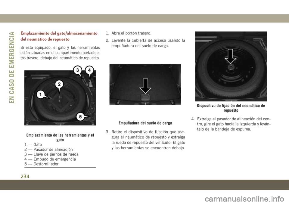 JEEP COMPASS 2019  Manual de Empleo y Cuidado (in Spanish) Emplazamiento del gato/almacenamiento
del neumático de repuesto
Si está equipado, el gato y las herramientas
están situadas en el compartimento portaobje-
tos trasero, debajo del neumático de repu